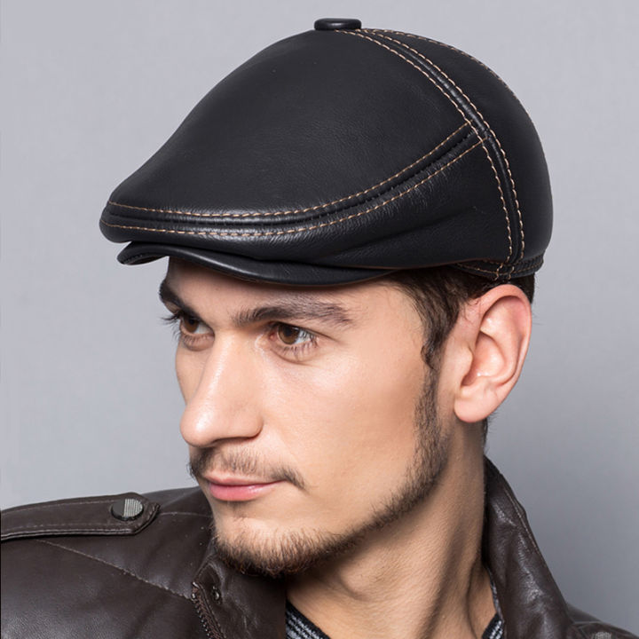 2023-cowhide-หนังแท้ผู้ชายเบเร่ต์หมวกหมวกที่มีคุณภาพสูงแฟชั่นผู้ชายจริงหนังพ่อหมวกสัมผัสสายตกแต่ง