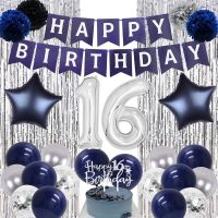 CHEEREVEAL Navy Blue Boys and Girls 16th Birthday Silver Decoration, Paper Fluff, Navy Napkin Flower Balloon, Happy Birthday Banner Cake Top and Silver Decorated Edge Curtain