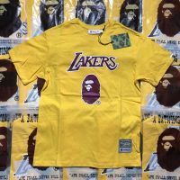 เสื้อยืดแขนสั้นพิมพ์ลาย,เสื้อยืดแขนสั้นผ้าฝ้ายแฟชั่น BrandsBAPE Lakers NBA