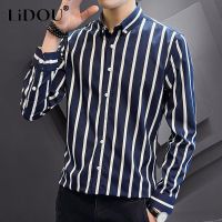 ZZOOI 2023 Spring Summer Mens Clothing Turn-down Collar Stripe Printing Single Breasted Blouse Man Thin Style Ice Silk Fabric Shirt