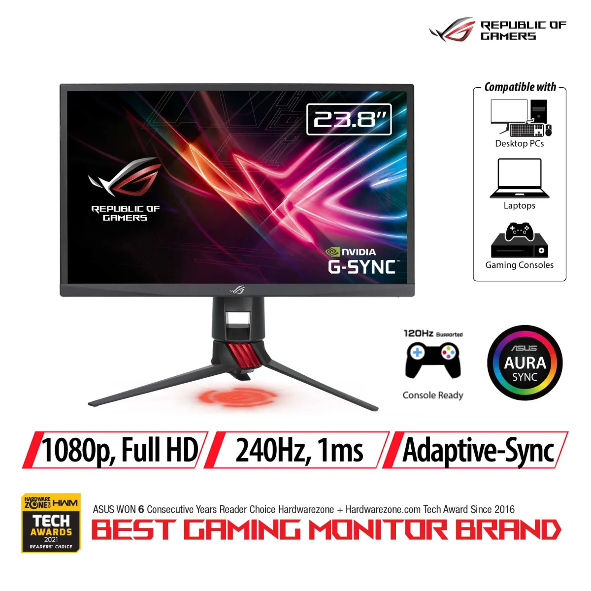 ASUS ROG Strix XG248Q Monitor 24 inch (23.8 inch viewable) FHD (1920x1080), Native 240Hz, 1ms, G-SYNC Compatible, Adaptive-Sync, Aura Sync | Lazada Singapore