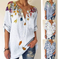 Aesthetic Summer Vintage Flower Printed T Shirt for Women V-neck Y2K 34 Sleeved T-shirt Elegant Tee Loose Casual Top Streetwear