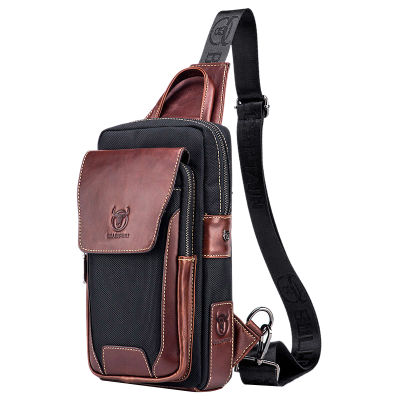 Bullcaptain Fashion Leather Crossbody Bags for Men Messenger Chest Bag Packs Travel Single Shoulder Strap Packs Brown