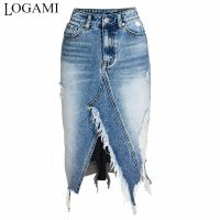 LOGAMI Ripped Denim Skirts Womens Asymmetrical Pencil Jean Skirt Ladies High Split Midi Skirt 2XL