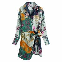 Zevity Women Vintage Cloth Patchwork Floral Print Slim Waist Shirt Dress Female Chic Long Sleeve Bow Tied Kimono Vestidos DS8860