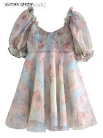 ♙☂✸ ocehrk Vestido de baile feminino com corante princesa orelhas madeira manga folhada balanço retrô vestidos curtos vestido fada 2022