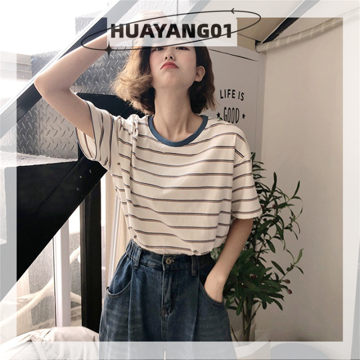 huayang01-2023-new-hot-fashion-lazlook-เสื้อยืดแขนสั้นลายทางวินเทจสำหรับผู้หญิงเสื้อยืดคอกลมทรงหลวมลำลอง