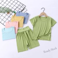 【Ready Stock】 ♨⊕ C22 Spot childrens modal pajamas short sleeve suit boys summer thin household clothes girls breathable shorts baby air conditioning clothes childrens cotton pajamas pajamas two piece set simple and fresh solid color