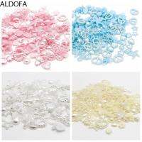 ALDOFA 100PCS ครึ่งรอบ อุปกรณ์เสริมรองเท้าโทรศัพท์ ตกแต่ง DIY สีขาวสีฟ้าสีเบจสีชมพู ไข่มุกเอเลี่ยน โบว์ดอกไม้ Art Flatback Beads Rhinestones Pearl