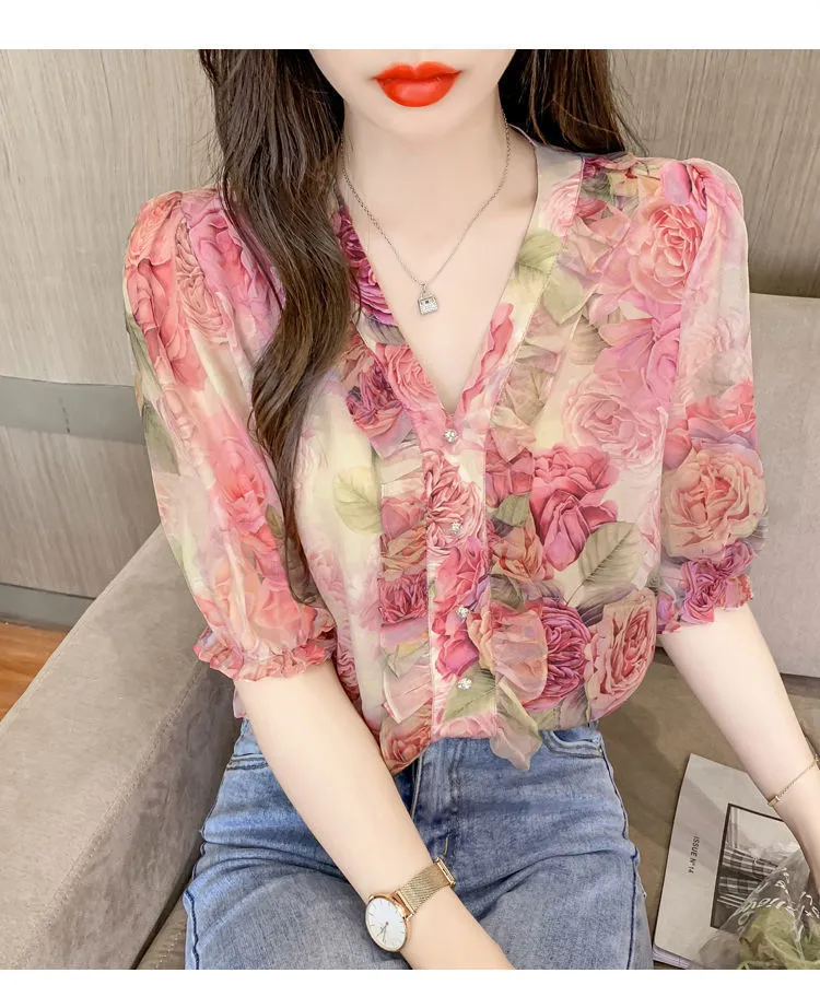 Luxqlo Summer Floral Blouse for Women Plus Size Casual Loose Round Collar  New Fashion Chiffon Lady Top