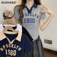 DUOHANZI เสื้อคอวีพิมพ์ลายตัวอักษร2023ใหม่เสื้อโชว์ไหล่เสื้อโปโลกระชับสัดส่วน