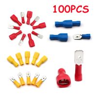 [HOT ZHKKZZLWWG 510] 100x หญิงชาย PVC Spade Connector สีฟ้าสีเหลืองสีแดงสายไฟก้น Connector ฉนวน Crimp Spade Terminal 22 10 AWG