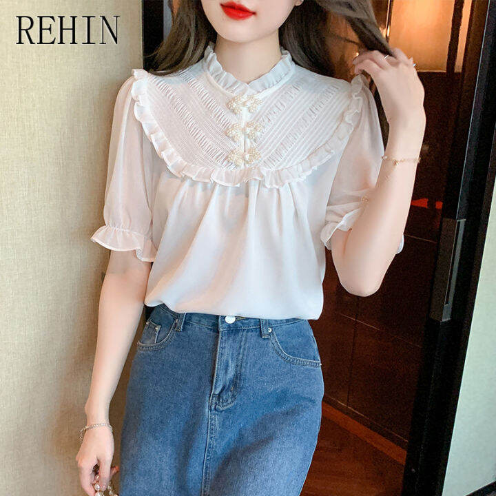 rehin-เสื้อผู้หญิงแขนสั้น-เสื้อผู้หญิงแขนสั้นชุดผ้าชีฟองมีปกหูสีขาวทำจากไม้ช่องความรู้สึกการออกแบบแฟชั่นใหม่ฤดูร้อน