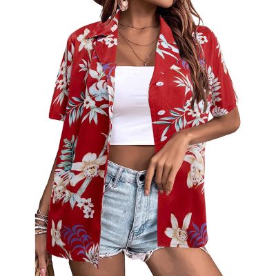เสื้อเชิ้ตกระดุมเสื้อพิมพ์ลาย3มิติลายดอกไม้สีแดงเสื้อฮาวายสำหรับผู้หญิงใส่ในฤดูร้อนใหม่ S-6XL ฤดูร้อนแขนสั้นพิมพ์ลายใบไม้