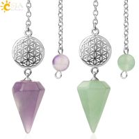 CSJA Flower of Life Dowsing Pendulum for Divination Cone Natural Stone Crystal Pendant Reiki Esoteric Spiritual Pendulos G733