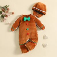 Newborn Baby Gingerbread Man Rompers + Hat Christmas Lovely Plush Long Sleeve Footed Jumpsuit  For Infant Girl Boy Costume Bowl Fork Spoon Sets