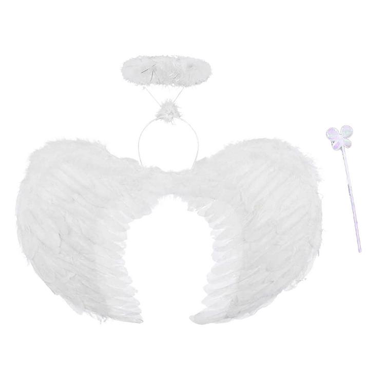 White Angel Accessories Set with Feather Wings Halo Headband and Wand for Halloween Party Fancy Dress Costume 