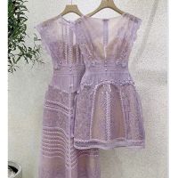 【YF】 Luxury Purple Lace Dress Women Vintage Embroidery Flower O-neck Bodycon Dresses Elegant High Waisted Summer Party Vestido