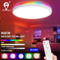 โคมไฟกลมติดเพดาน LED สองด้านพร้อมรีโมทควบคุม RGB หรี่แสงได้แบ็คไลท์สำหรับงานปาร์ตี้ห้องนอนห้องครัวห้องนั่งเล่น