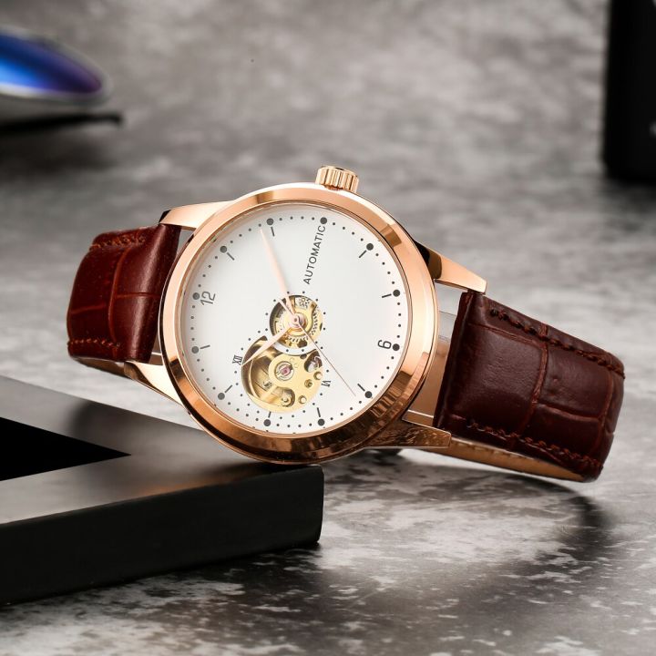 นาฬิกานาฬิกากลไกอัตโนมัติสีทองสำหรับผู้หญิงนาฬิกาอัตโนมัติแบบเรียบง่าย