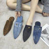 bjh◈♨❄  2023 New Slippers Pointed Toe Denim Jeans Flat Slingbacks Sandals Ladies