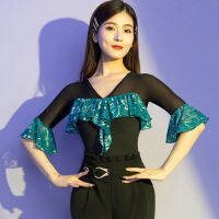 Lotus แขน V คอออกแบบเสื้อหญิงชุดเต้นรำละตินผู้หญิงเต้นรำ Performance ballroom Belly Dress NY66 AS5138