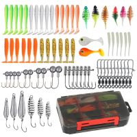 【hot】✠✸ 74pcs Fishing Lures Soft Plastic Grubs Swimbait Jig Heads Metal Spoons Trout Tackle Set for Bass Pike