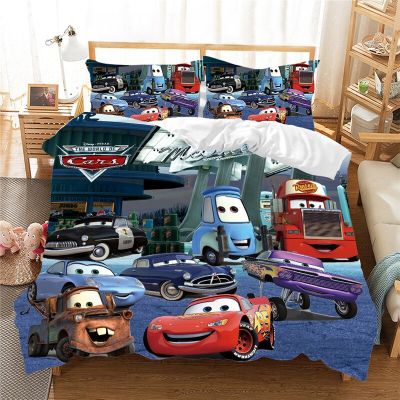 ชุดเครื่องนอนในรถ Lightning Mcqueen 1ชุดสำหรับกล่องบรรจุขนาดใหญ่ของตกแต่งห้องนอนเด็กชุดปลอกผ้านวมแผ่นเตียงเดี่ยวผ้าลินินเด็กที่บ้าน