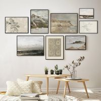 ♞△ Moody Seascape Vintage น้ำมันภาพวาดโปสเตอร์ Neutral Coastal Gallery Wall Art พิมพ์ชายหาดภาพภูมิทัศน์ Nautical Decor