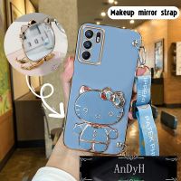 AnDyH Long Lanyard Casing For OPPO Reno 6 oppo a16 oppo reno 6z 5g oppo reno 6 z 5g phone case Hello Kitty Makeup Mirror Stand