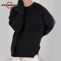 KYUSHUAD คอกลมผู้ชายสีทึบแขนยาวเสื้อกันหนาวทรงหลวมๆหนาฤดูใบไม้ร่วงและฤดูหนาวขี้เกียจสไตล์เสื้อเรโทร