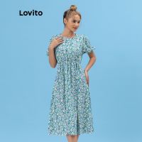 Lovito ชุดเดรส แขนพอง ลายดอกไม้น่ารัก L06052 (สีฟ้า)