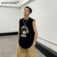 MAYCHEER   เสื้อกล้ามผู้ชายผ้าฝ้ายเสื้อนอกเสื้อยืดแขนกุดรอบคอหลวมหล่อระบายลมได้