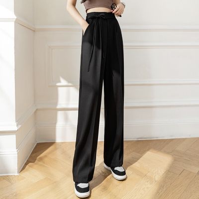 Womens elastic high-waisted wide-leg pants with bow tie for work school hanh96boutique
