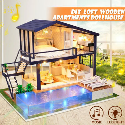 DIY Miniature Music Dollhouse Kit Time Apartment DIY Dollhouse Kit with Wooden Furniture LED Light Gift House Toy