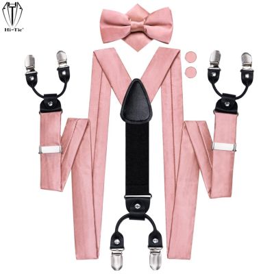 【YF】▫  Hi-Tie Silk Sea Pink Plain Mens Suspenders Bowtie Hanky Set Adjustable 6 Clip on Braces for Male Pants