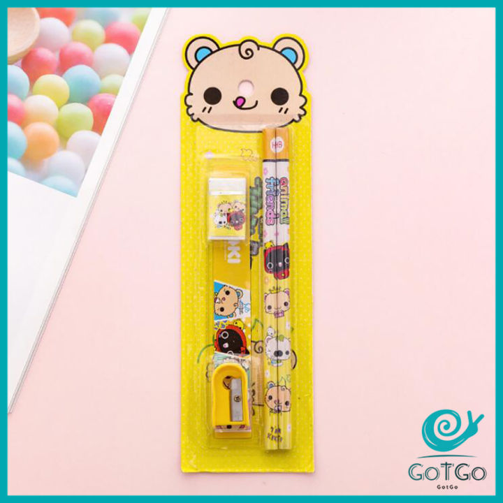 gotgo-เครื่องเขียนราคาถู-เครื่องเขียนราคาถู-ชุดเครื่องเขียนดินสอลายการ์ตูนน่ารัก-4-ชิ้น-cartoon-stationery-set