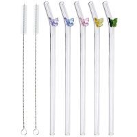 5 Pcs Reusable Glass StrawsColorful Butterfly On Clear Straws With Design Shatter Resistant Bent Drinking Straws