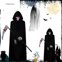 SUNNYFAN สีดำสีดำ เครื่องแต่งกายฮัลโลวีน Grim Reaper กับถุงมือ กันลื่น ชุดเสื้อคลุมเสื้อคลุม กะโหลกศีรษะ ไม่เกิดริ้วรอย ชุดเครื่องเก็บเกี่ยวผี เด็กผู้ใหญ่และเด็ก