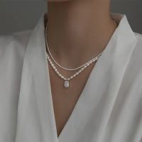 MloveAccc 100% Authentic 925 Sterling Silver Pearl &amp; Square Zircon Short Choker Necklace Pendant Jewelry