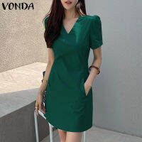 VONDA ผู้หญิงลำลองคอวีกระเป๋าแข็ง H Dress (เกาหลีสาเหตุ)