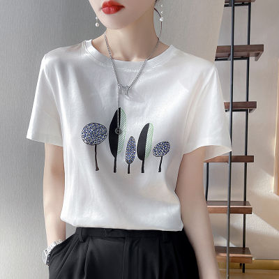 Crewneck White T-Shirt Womens Silkworm Silk Cotton Short-Sleeved Slim-Fit Printed 2022 Summer New Pure Cotton Design Sense Top
