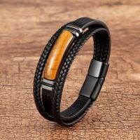 【YF】 Pulseira de Pedra Tiger para Homens Corda De Couro Trançada Multilayer Pulseiras Aço Inoxidável Acessório Da Jóias