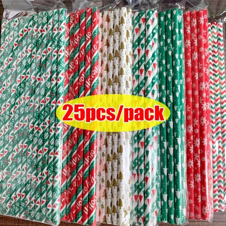 25pcs Christmas Paper Straws Snowflake Drinking Straw Merry