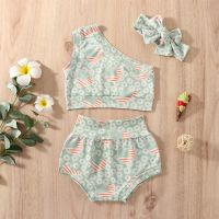 Fashion Infant Summer Baby Girls Independence Day Clothes Sets Floral Flag Print Sleeveless One Shoulder Vest+Shorts+Headband  by Hs2023