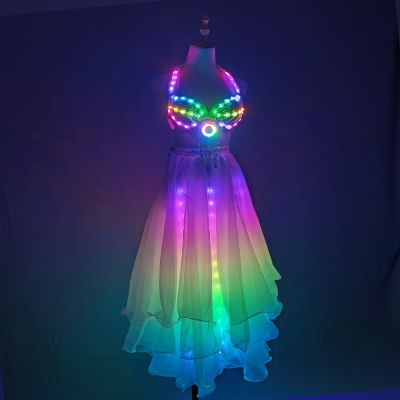 hot【DT】 Color Lights Belly Split Skirt Bellydance Training Dancing Costumes