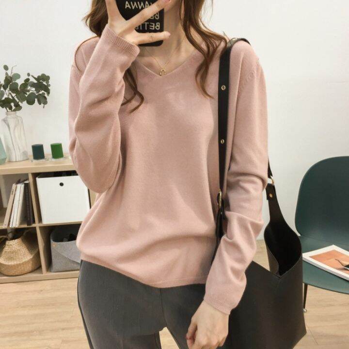 spot-loose-slimming-v-neckline-solid-color-sweater-womens-soft-glutinous-comfortable-long-sleeve-base-shirt-all-matching-top-2023