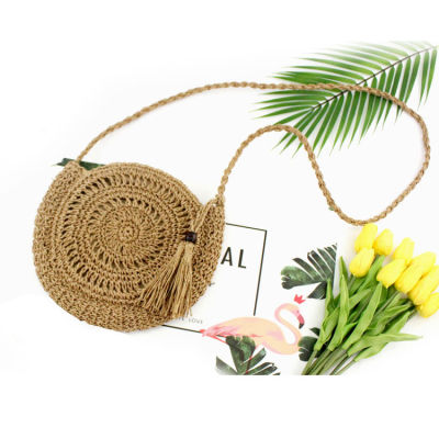 Rattan Woven Round Women Straw Bag Handbag Knit Summer Beach Bag Woman Shoulder Messenger Bag Tassel Khaki Beige Bags