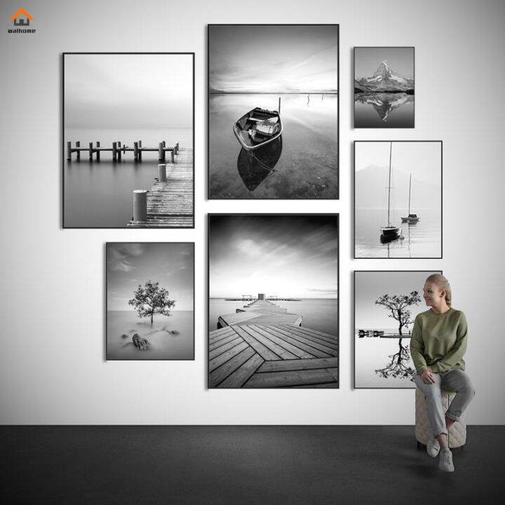 boat-wharf-lake-mountainทิวทัศน์ธรรมชาติสีดำสีขาวภาพโปสเตอร์ภาพวาดผ้าใบwall-artตกแต่งบ้านโมเดิร์นห้องนั่งเล่น