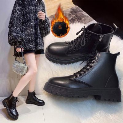 Orfilas 2021 สีดำ Martin รองเท้านักเรียนสาวหนัง PU รองเท้าสั้นฤดูใบไม้ร่วงเกาหลีรองเท้าส้นหนา